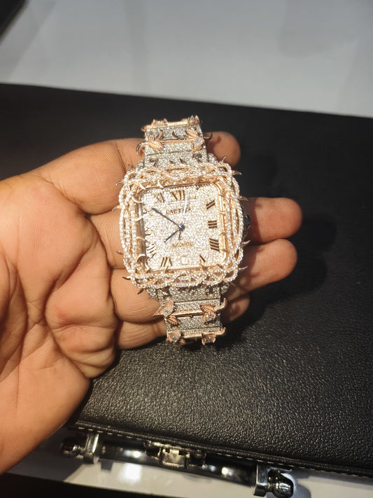 Cartier Santos Obsidian Crown Of Thorns Iced Out Moissanite Watch
